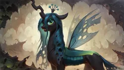 Size: 1920x1080 | Tagged: safe, ai content, derpibooru import, machine learning generated, prompter:truekry, stable diffusion, queen chrysalis, changeling, changeling queen, cave, concave belly, female, g4, generator:pony diffusion v6 xl, hive, horn, image, muscles, png, standing, thin, toothy grin, wallpaper, wings