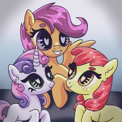 Size: 2048x2048 | Tagged: safe, artist:selkie_bug, derpibooru import, apple bloom, scootaloo, sweetie belle, earth pony, pegasus, pony, unicorn, beanbrows, blank flank, colored eyebrows, cutie mark crusaders, eyebrows, female, filly, foal, g4, grin, heart, heart eyes, horn, image, jpeg, missing accessory, smiling, spread wings, trio, trio female, wingding eyes, wings