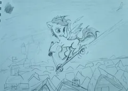 Size: 2048x1447 | Tagged: safe, artist:laymy, derpibooru import, scootaloo, pegasus, pony, bipedal, bipedal leaning, blank flank, female, filly, image, jpeg, leaning, monochrome, pencil drawing, ponyville, scooter, sketch, solo, traditional art