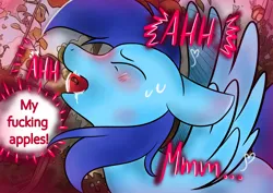 Size: 8185x5787 | Tagged: suggestive, artist:mashee, derpibooru import, oc, oc:apply, unofficial characters only, pegasus, apple, apple gag, blushing, food, gag, image, png, vulgar