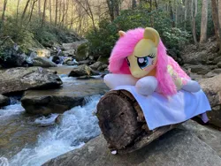 Size: 4032x3024 | Tagged: safe, artist:qtpony, derpibooru import, fluttershy, pony, clothes, forest, image, irl, jpeg, lying down, nature, photo, plushie, prone, river, socks, solo, tree, water