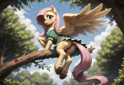Size: 1216x832 | Tagged: suggestive, ai content, derpibooru import, machine learning generated, prompter:awesom3n3ss, fluttershy, pegasus, pony, butt, clothes, cute, derpibooru exclusive, dock, dress, female, flutterbutt, flying, forest, g4, image, jpeg, looking at you, looking back, looking back at you, mare, nature, plot, smiling, smiling at you, solo, solo female, spread wings, tail, tree, tree branch, wings
