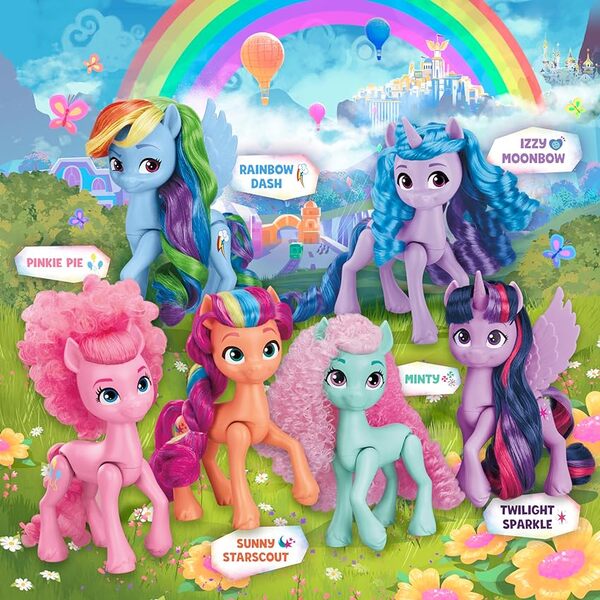 Size: 850x850 | Tagged: safe, derpibooru import, official, izzy moonbow, minty, pinkie pie, rainbow dash, sunny starscout, twilight sparkle, twilight sparkle (alicorn), alicorn, butterfly, earth pony, insect, pegasus, pony, unicorn, g3, g5, bangs, beautiful, brushable, canterlot, canterlot castle, curly hair, flower, horn, hot air balloon, image, jpeg, kite, kite flying, mane stripe sunny, maretime bay, mountain, name, rainbow, text, toy, zephyr heights