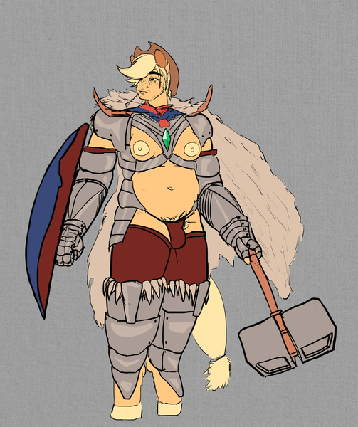 Size: 1346x1604 | Tagged: questionable, artist:buriedpoor, derpibooru import, applejack, anthro, earth pony, armor, barbarian, breasts, clothes, concept art, emerald, fantasy class, fur, fur coat, gauntlet, hammer, horns, image, knight, nipples, nudity, paladin, png, pouch, scarf, shield, thick, war hammer, warrior, weapon