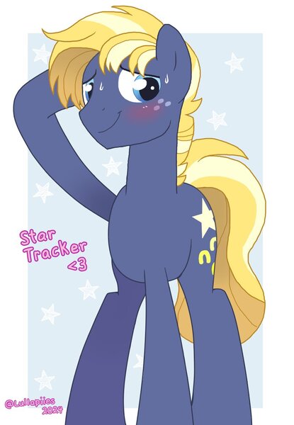 Size: 857x1240 | Tagged: safe, artist:lullapiies, derpibooru import, star tracker, pony, blushing, flustered, freckles, grin, hooves behind head, image, jpeg, male, nervous, nervous grin, older, older star tracker, passepartout, smiling, solo, stallion, standing, stars, sweat