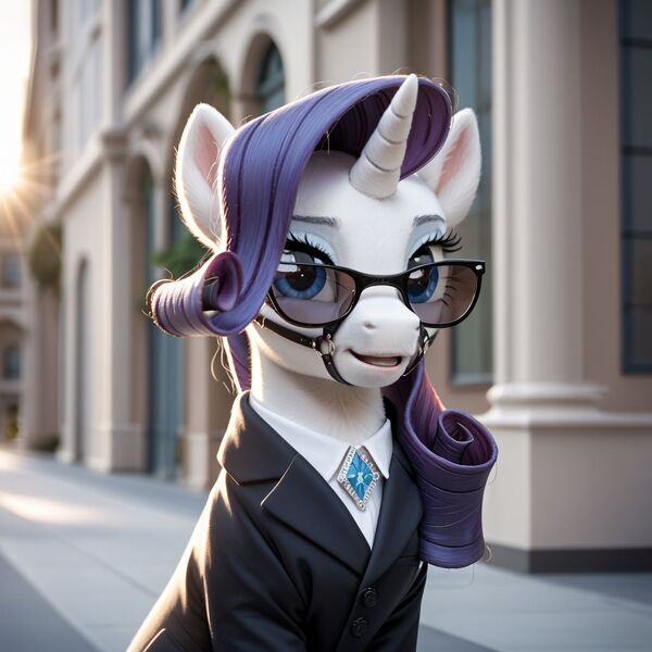 Size: 1024x1024 | Tagged: safe, ai content, generator:everclear pny by zovya, machine learning generated, ponerpics import, ponybooru import, rarity, pony, unicorn, bridle, building, bust, city, clothed ponies, clothes, female, image, jewelry, jpeg, looking at you, mare, open mouth, secret agent, semi-realistic, sitting, solo, suit, sunglasses, tack