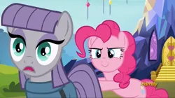 Size: 1390x781 | Tagged: safe, derpibooru import, screencap, maud pie, pinkie pie, pony, rock solid friendship, animated, butt touch, c:, discovery family logo, faic, female, friendshipper on deck, g4, hoof on butt, image, out of context, png, push, pushing, rump push, smiling, surprised, that looks naughty, twilight's castle