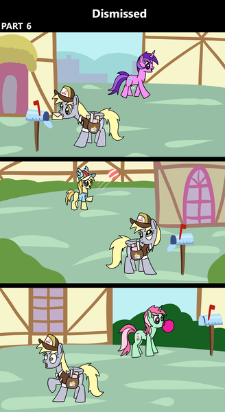 Size: 1920x3516 | Tagged: safe, artist:platinumdrop, derpibooru import, amethyst star, derpy hooves, minty bubblegum, noi, earth pony, pegasus, pony, unicorn, comic:dismissed, 3 panel comic, alternate timeline, background pony, bag, ball, bubble, bubblegum, comic, commission, female, filly, foal, folded wings, food, g4, gum, hat, heartbreak, horn, image, implied doctor whooves, implied roseluck, looking at someone, mail, mailbox, mailmare, mailmare hat, mailmare uniform, mailpony, mare, mouth hold, open mouth, playing, png, ponyville, raised hoof, sad, saddle bag, smiling, this will not end well, town, walking, wings, working