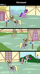 Size: 1920x3516 | Tagged: safe, artist:platinumdrop, derpibooru import, amethyst star, derpy hooves, minty bubblegum, noi, earth pony, pegasus, pony, unicorn, comic:dismissed, 3 panel comic, alternate timeline, background pony, bag, ball, bubble, bubblegum, comic, commission, female, filly, foal, folded wings, food, g4, gum, hat, heartbreak, horn, image, implied doctor whooves, implied roseluck, looking at someone, mail, mailbox, mailmare, mailmare hat, mailmare uniform, mailpony, mare, mouth hold, open mouth, playing, png, ponyville, raised hoof, sad, saddle bag, smiling, this will not end well, town, walking, wings, working