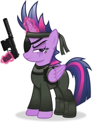Size: 3154x4192 | Tagged: safe, artist:anime-equestria, derpibooru import, twilight sparkle, twilight sparkle (alicorn), alicorn, pony, alternate hairstyle, boots, clothes, eyepatch, female, g4, gun, handgun, headband, horn, image, levitation, magic, mare, metal gear, png, pouch, scar, shoes, silencer, simple background, solo, telekinesis, transparent background, vector, weapon, wings