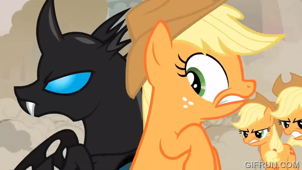 Size: 600x338 | Tagged: safe, derpibooru import, applejack, changeling, earth pony, pony, a canterlot wedding, angry, animated, fight, g4, gif, gifrun.com, hissing, image