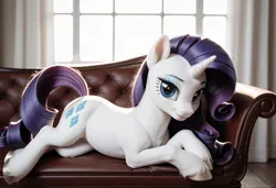 Size: 1216x832 | Tagged: safe, ai content, generator:everclear pny by zovya, machine learning generated, ponerpics import, ponybooru import, rarity, pony, unicorn, fainting couch, female, image, jpeg, looking at you, lying down, mare, prone, semi-realistic, smiling, smiling at you, solo, unshorn fetlocks, window