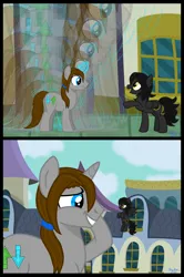 Size: 4240x6384 | Tagged: safe, artist:twiny dust, derpibooru import, oc, oc:dust, oc:eclipse, pegasus, pony, unicorn, awkward smile, building, canterlot, canterlot city, cloud, comic, crossed hooves, duo, embarrassed, female, flying, growth, growth spell, hairband, hooves behind head, horn, image, macro, macro march, male, mare, pegasus oc, png, ponytail, sky, smiling, smirk, stallion, story included, unicorn oc, wings