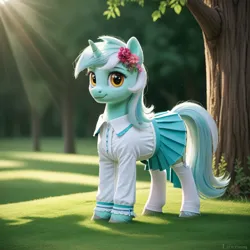 Size: 1024x1024 | Tagged: safe, ai content, generator:everclear pny by zovya, machine learning generated, ponerpics import, ponybooru import, lyra heartstrings, pony, unicorn, clothed ponies, clothes, female, flower, flower in hair, full body, grass, image, jpeg, looking at you, mare, pleated skirt, semi-realistic, shirt, skirt, socks, solo, thigh highs, tree, unshorn fetlocks