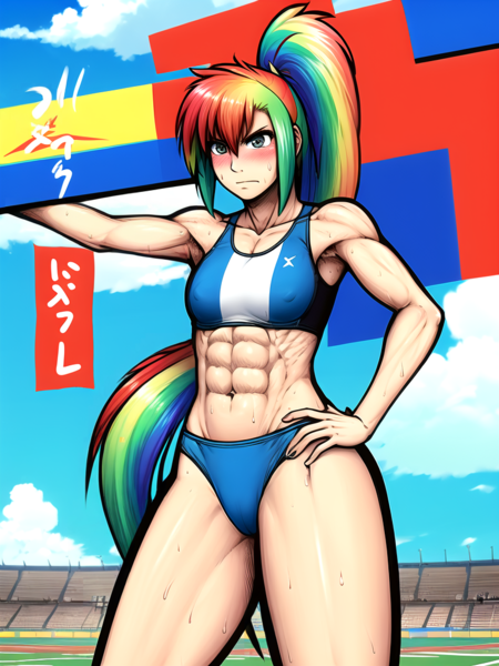 Size: 768x1024 | Tagged: safe, ai content, derpibooru import, generator:pixai.art, machine learning generated, novelai, prompter:anonymous, stable diffusion, rainbow dash, human, abs, bikini, breasts, clothes, colored, delicious flat chest, female, g4, humanized, image, muscles, muscular female, png, race track, rainbow flat, rainbuff dash, small breasts, solo, sports, stadium, sweat, swimsuit, tail, tankini, tomboy, wrong eye color