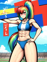 Size: 768x1024 | Tagged: safe, ai content, derpibooru import, generator:pixai.art, machine learning generated, novelai, prompter:anonymous, stable diffusion, rainbow dash, human, abs, bikini, breasts, clothes, colored, delicious flat chest, female, g4, humanized, image, muscles, muscular female, png, race track, rainbow flat, rainbuff dash, small breasts, solo, sports, stadium, sweat, swimsuit, tail, tankini, tomboy, wrong eye color