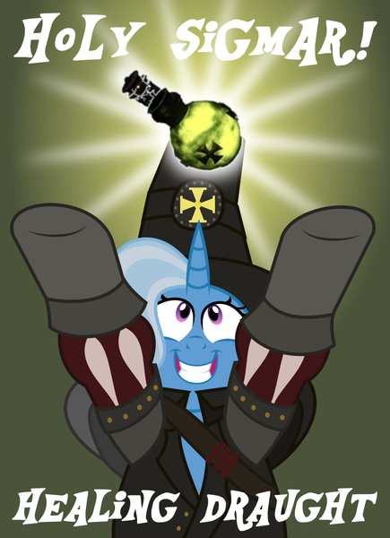 Size: 927x1280 | Tagged: safe, artist:isaac_pony, derpibooru import, trixie, pony, unicorn, crossover, g4, hat, horn, hunter, image, light, looking up, png, potion, show accurate, smiling, text, vector, warhammer (game), warhammer fantasy