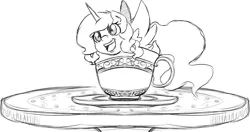 Size: 1636x864 | Tagged: safe, artist:alazak, derpibooru import, princess luna, pony, cup, cup of pony, grayscale, image, luna fish, micro, monochrome, open mouth, open smile, png, simple background, sketch, smiling, teacup, white background