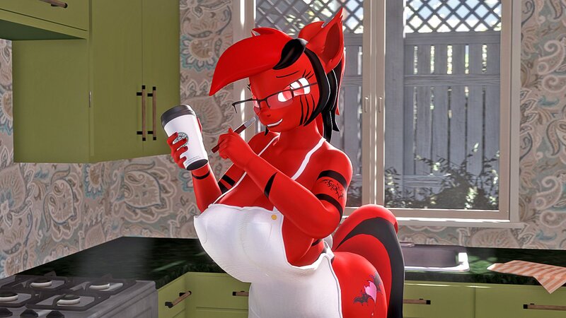 Size: 1920x1080 | Tagged: suggestive, artist:runic_the_wolf, ponerpics import, oc, oc:runic, unofficial characters only, anthro, 3d, apron, breasts, clothes, coffee, glasses, image, jpeg, pen