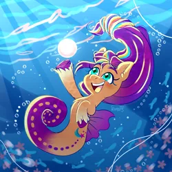 Size: 2750x2750 | Tagged: safe, artist:soniana_draws, derpibooru import, idw, sunny starscout, earth pony, merpony, pony, sea pony, seahorse, starfish, g5, spoiler:comic, spoiler:g5comic, blue background, blushing, bubble, crepuscular rays, cute, digital art, dorsal fin, female, fin, fins, fish tail, floating, flowing mane, glow, green eyes, happy, high res, image, mare, ocean, open mouth, open smile, pearl, png, purple mane, scales, seaponified, seapony sunny starscout, set your sail, simple background, smiling, solo, species swap, sunlight, swimming, tail, teeth, underhoof, underwater, unshorn fetlocks, water