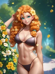 Size: 3968x5376 | Tagged: suggestive, ai content, derpibooru import, editor:sammykun, machine learning generated, stable diffusion, pear butter, human, belly button, big breasts, bikini, black bikini, blurry background, breasts, bush, busty pear butter, clothes, curly hair, female, flower, flower in hair, flower petals, g4, generator:pony diffusion v6 xl, generator:purplesmart.ai, humanized, image, jpeg, long hair, midriff, milf, mommy, prompter:sammykun, scrunchie, solo, stupid sexy pear butter, swimsuit, wide hips