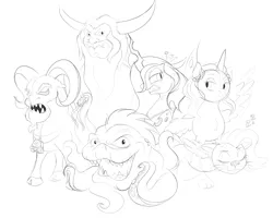 Size: 5000x4000 | Tagged: safe, artist:wownamesarehard, derpibooru import, queen chrysalis, squirk, alicorn, big cat, centaur, changeling, changeling queen, leopard, octopus, pony, sheep, snow leopard, taur, g1, g5, my little pony 'n friends, my little pony: make your mark, my little pony: make your mark chapter 2, rescue at midnight castle, the ghost of paradise estate, the return of tambelon, spoiler:g5, spoiler:my little pony: make your mark chapter 2, spoiler:my little pony: make your mark chapter 6, allura, aq bars, bell, chest fluff, cloven hooves, cute, cute little fangs, derpibooru exclusive, ear fluff, fangs, female, flash stone, fluffy, g4, gritted teeth, grogar (g1), grogar's bell, group, hatching (technique), high res, image, lidded eyes, male, mare, monochrome, my little pony: make your mark chapter 6, onomatopoeia, opaline arcana, png, ram, secrets of starlight, sextet, simple background, sketch, sleeping, sound effects, spread wings, teeth, tirac, unshorn fetlocks, white background, wings, zzz