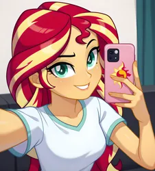 Size: 2960x3280 | Tagged: safe, ai content, derpibooru import, machine learning generated, prompter:thismaybeyou, stable diffusion, sunset shimmer, human, equestria girls, breasts, g4, generator:pony diffusion v6 xl, holding phone, image, looking at you, png, selfie, smiling, smiling at you, smirk
