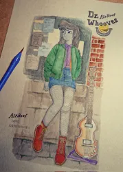Size: 1463x2048 | Tagged: safe, artist:daisymane, derpibooru import, octavia melody, human, equestria girls, clothes, female, fishnets, g4, guitar, image, jacket, jpeg, looking away, musical instrument, skirt, solo, traditional art, watercolor painting