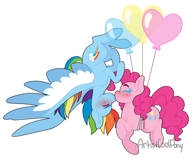 Size: 2489x2051 | Tagged: safe, artist:artistcoolpony, derpibooru import, pinkie pie, rainbow dash, earth pony, pegasus, pony, balloon, blush scribble, blushing, boop, eyes closed, female, floating, g4, heart, heart balloon, high res, image, lesbian, mare, noseboop, pinkiedash, png, shipping, signature, simple background, smiling, spread wings, then watch her balloons lift her up to the sky, transparent background, upside down, wings