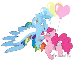 Size: 2489x2051 | Tagged: safe, artist:artistcoolpony, derpibooru import, pinkie pie, rainbow dash, earth pony, pegasus, pony, balloon, blush scribble, blushing, boop, eyes closed, female, floating, g4, heart, heart balloon, high res, image, lesbian, mare, noseboop, pinkiedash, png, shipping, signature, simple background, smiling, spread wings, then watch her balloons lift her up to the sky, transparent background, upside down, wings