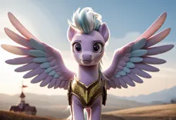 Size: 1216x832 | Tagged: safe, ai content, generator:everclear pny by zovya, machine learning generated, ponerpics import, ponybooru import, cloudchaser, pegasus, pony, alternate hairstyle, armor, colored wings, female, fluffy, image, jpeg, looking at you, mare, multicolored wings, semi-realistic, solo, spread wings, wings