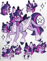Size: 1555x2048 | Tagged: safe, artist:shyhandart, derpibooru import, twilight sparkle, twilight sparkle (alicorn), alicorn, pony, alternate design, blaze (coat marking), blushing, chest fluff, coat markings, colored hooves, colored wings, crying, cup, facial markings, female, g4, glasses, hair bun, horn, image, leonine tail, mare, multeity, no pupils, onomatopoeia, pale belly, png, simple background, sleeping, smiling, socks (coat marking), solo, sparkles, stars, tail, two toned wings, unshorn fetlocks, wavy mouth, white background, wings