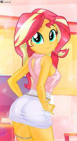 Size: 626x1151 | Tagged: suggestive, artist:charliexe, derpibooru import, sunset shimmer, equestria girls, ass, backless, belt, bunset shimmer, butt, clothes, cute, ear piercing, earring, g4, image, jewelry, jpeg, looking at you, male, open-back sweater, piercing, shimmerbetes, skirt, sleeveless, sleeveless sweater, solo, solo male, sweater, virgin killer sweater