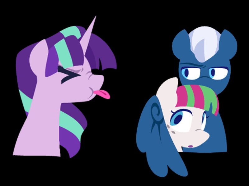Size: 1337x1001 | Tagged: safe, artist:partyponypower, derpibooru import, blossomforth, night glider, starlight glimmer, pegasus, pony, unicorn, :p, alternate universe, black background, g4, horn, image, jpeg, s5 starlight, simple background, tongue out