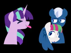 Size: 1337x1001 | Tagged: safe, artist:partyponypower, derpibooru import, blossomforth, night glider, starlight glimmer, pegasus, pony, unicorn, :p, alternate universe, black background, g4, horn, image, jpeg, s5 starlight, simple background, tongue out
