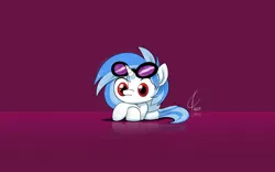 Size: 3200x2000 | Tagged: safe, artist:valcron, derpibooru import, vinyl scratch, pony, unicorn, female, filly, foal, frown, g4, glasses, gradient background, horn, image, lying down, png, prone, purple background, reflection, simple background, solo