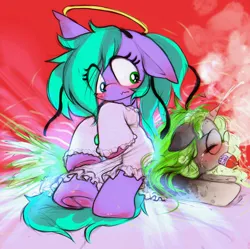 Size: 1497x1494 | Tagged: suggestive, artist:darkstylerz, derpibooru import, oc, oc:cyanette, oc:darkstyle, unofficial characters only, earth pony, pony, unicorn, ambiguous gender, angel, bludgeoning angel dokuro-chan, blushing, butt, cherenkov radiation, clothes, cosplay, costume, crying, cute, eyes closed, female, food, frog (hoof), glasses, halo, hooves, horn, horngasm, image, jpeg, meat, nightgown, orgasm, pigtails, sausage, sitting, sitting on, sitting on person, sitting on pony, squished, steam, tears of joy, twintails, underhoof
