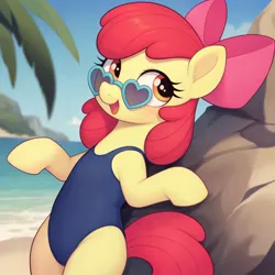 Size: 2560x2560 | Tagged: safe, ai content, derpibooru import, machine learning assisted, apple bloom, earth pony, pony, adorabloom, beach, bipedal, blue swimsuit, clothes, cloud, cute, female, filly, foal, glasses, heart shaped glasses, hind legs, image, leaning back, legs together, one-piece swimsuit, open mouth, palm tree, png, posing for photo, rock, smiling, solo, swimsuit, tree, water