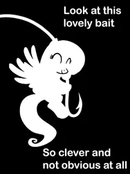 Size: 600x800 | Tagged: safe, derpibooru import, fluttershy, pegasus, pony, bait, female, fishing hook, g4, hook, image, mare, monochrome, png, reaction image, simple background, text, this is bait