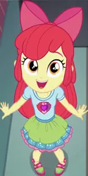 Size: 600x1200 | Tagged: safe, ai content, machine learning generated, apple bloom, equestria girls, child, clothes, cutie mark, cutie mark on clothes, dress, female, happy, image, png, shirt, shoes, six fingers, t-shirt