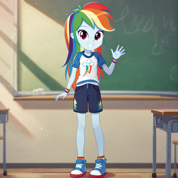 Size: 1080x1080 | Tagged: safe, ai content, machine learning generated, rainbow dash, equestria girls, child, classroom, clothes, cutie mark, cutie mark on clothes, female, image, png, salute, shirt, shoes, shorts, smiling, t-shirt, younger
