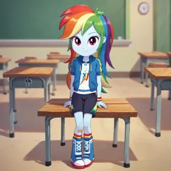 Size: 1080x1080 | Tagged: safe, ai content, machine learning generated, rainbow dash, equestria girls, child, classroom, clothes, cutie mark, cutie mark on clothes, female, image, png, shirt, shoes, shorts, smiling, t-shirt, younger