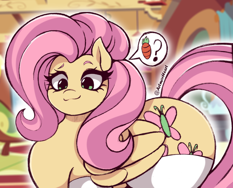 Size: 2026x1637 | Tagged: safe, artist:artmorheart, derpibooru import, fluttershy, pegasus, pony, adorasexy, butt, carrot, clothes, cute, food, g4, image, large butt, looking at you, plot, png, question mark, sexy, smiling, smiling at you, socks, stockings, thigh highs, white socks, wide hips