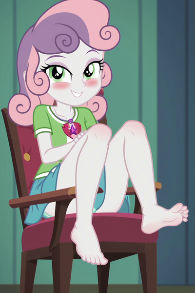 Size: 800x1200 | Tagged: suggestive, ai content, banned from derpibooru, machine learning generated, sweetie belle, equestria girls, barefoot, blushing, clothes, cutie mark, cutie mark on clothes, feet, female, image, lolicon, panties, png, shirt, sitting, skirt, solo, t-shirt, underage, underwear