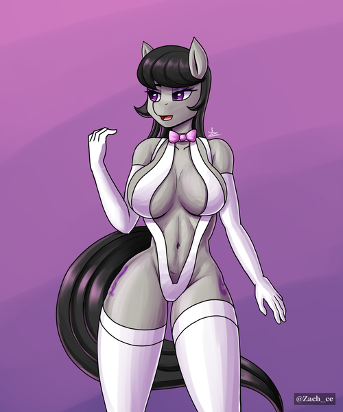 Size: 1500x1800 | Tagged: suggestive, artist:zachc, derpibooru import, octavia melody, anthro, earth pony, belly button, bikini, bowtie, breasts, busty octavia, clothes, evening gloves, female, gloves, image, long gloves, open mouth, png, sling bikini, socks, solo, swimsuit, thigh highs