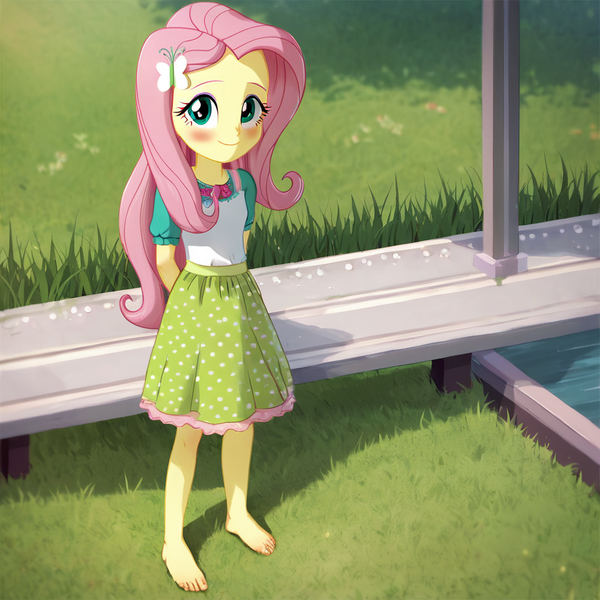 Size: 1024x1024 | Tagged: safe, ai content, machine learning generated, fluttershy, equestria girls, barefoot, blushing, child, clothes, dress, feet, female, image, png, shirt, t-shirt, younger