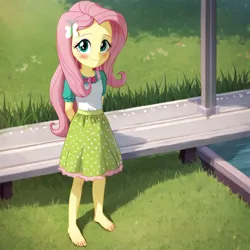 Size: 1024x1024 | Tagged: safe, ai content, machine learning generated, fluttershy, equestria girls, barefoot, blushing, child, clothes, dress, feet, female, image, png, shirt, t-shirt, younger