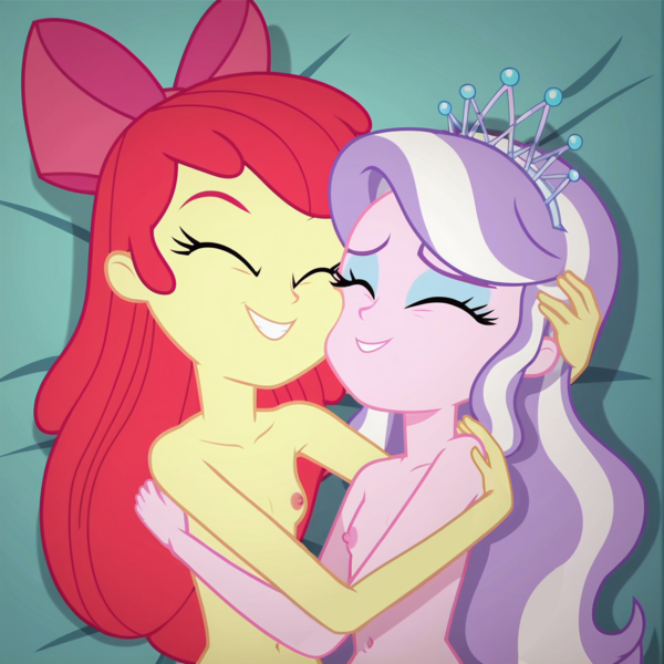 Size: 1200x1200 | Tagged: questionable, ai content, banned from derpibooru, machine learning generated, apple bloom, diamond tiara, human, equestria girls, bed, belly button, bow, breasts, child, crown, delicious flat chest, diamondbloom, eyes closed, eyeshadow, female, females only, hair bow, happy, hug, image, in love, jewelry, lesbian, lolicon, lying down, makeup, nipples, nudity, png, regalia, shipping, smiling, tiara, underage