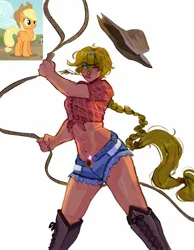Size: 1750x2250 | Tagged: safe, artist:yurico, derpibooru import, applejack, human, abs, boots, clothes, front knot midriff, humanized, image, jpeg, lasso, midriff, rope, shoes, shorts, simple background, solo, white background
