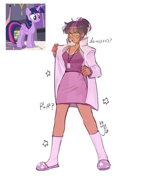 Size: 1080x1350 | Tagged: safe, artist:yurico, derpibooru import, twilight sparkle, human, clothes, humanized, image, jpeg, lab coat, math, slippers, solo